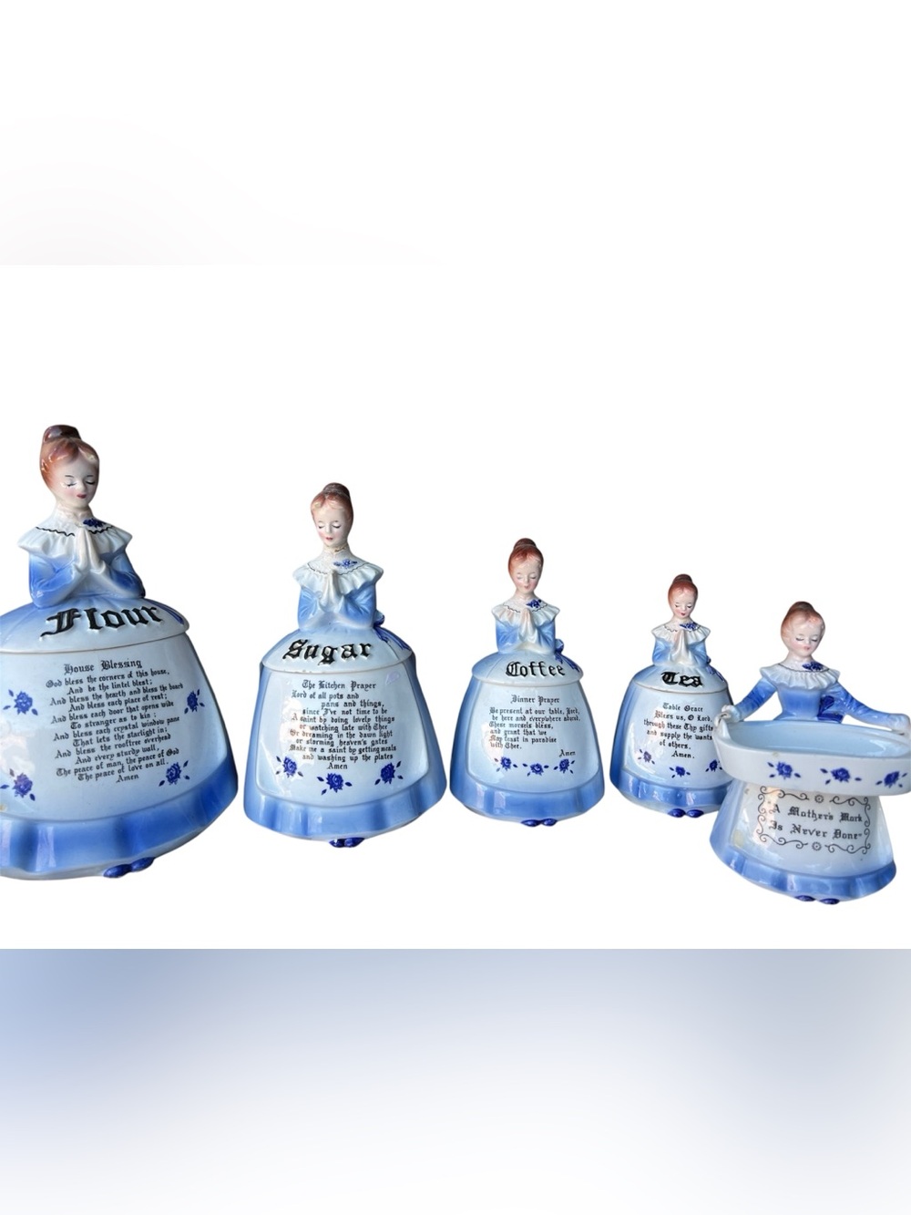 Enesco Blue Lady praying Flour sugar coffee tea set Rare